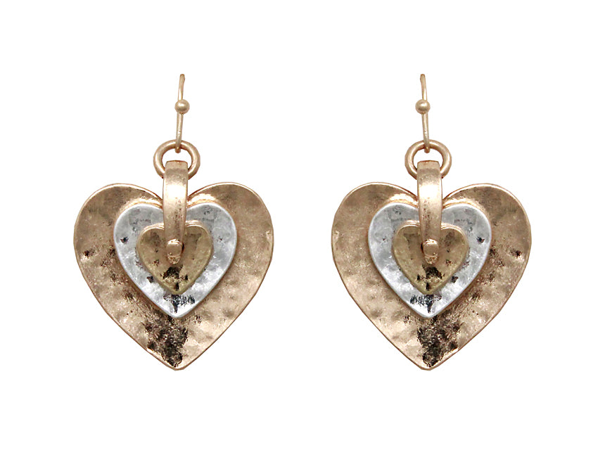 Triple Embedded Heart Earrings - Gold