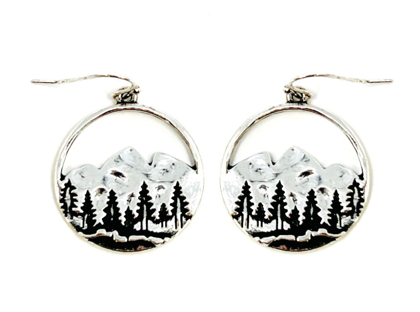 Circle Mountain Scene Earrings - Silver
