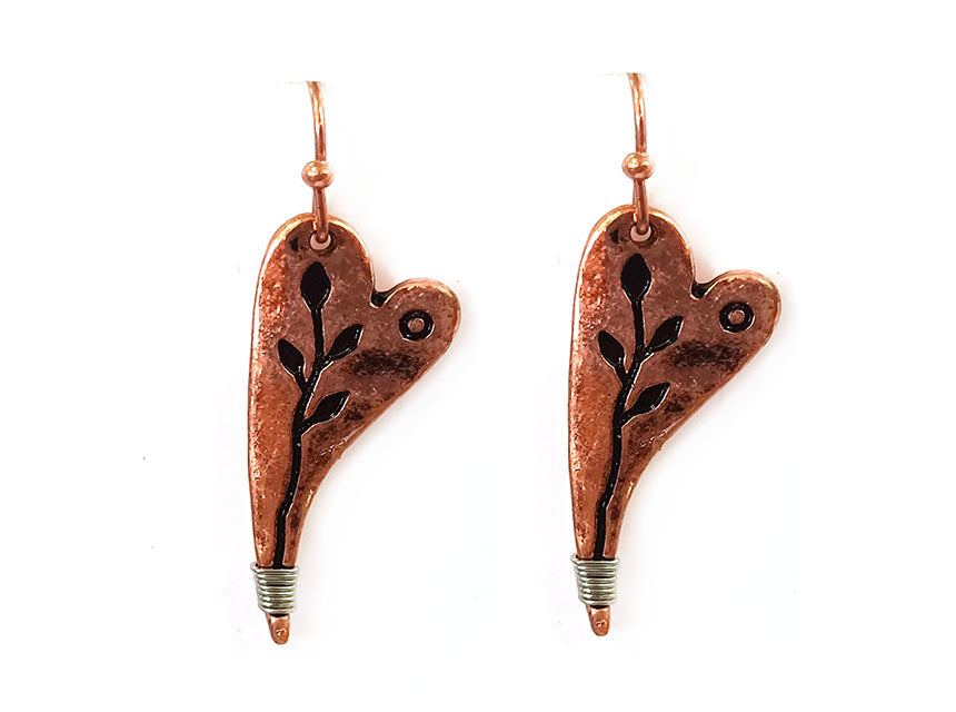 Flowers On Heart Earrings - Copper