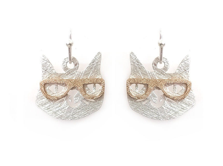 Cat w/ Sunglasses Earrings - Silver