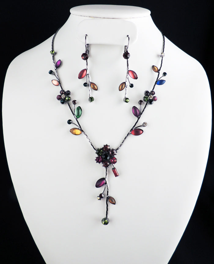 Dark Multicolor Flower V Design Necklace/Earring Set