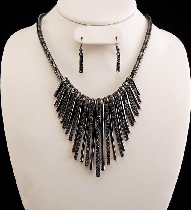 Many Hematite Crystal Strands Necklace/Earring Set