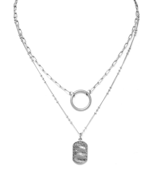 Double Strand - Circle/Tag - Silver Necklace