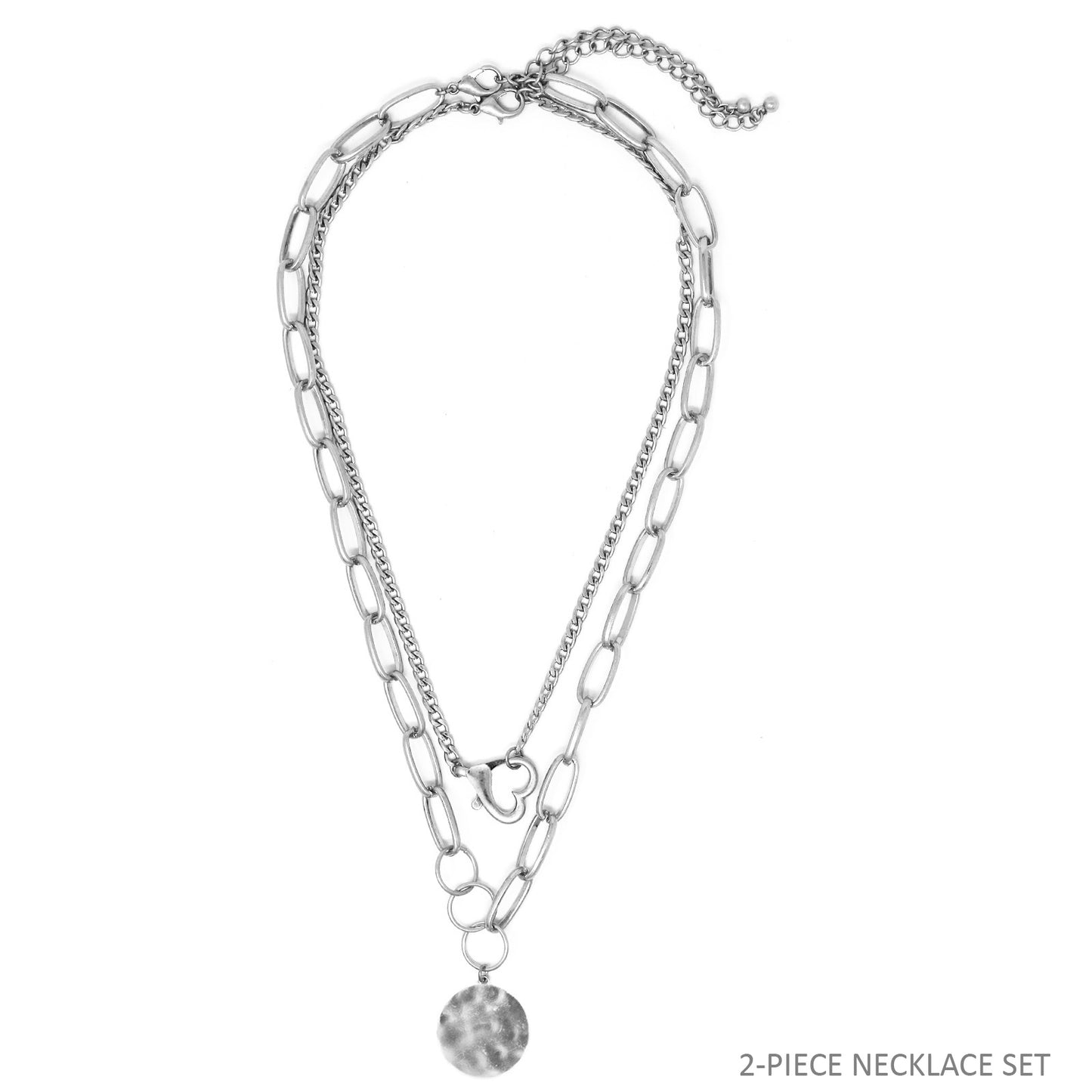 Set of Two - Heart/Circle - Silver Necklace
