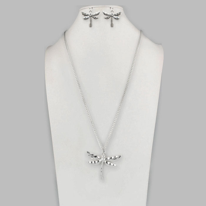 Long - Hammered Dragonfly - Silver Necklace