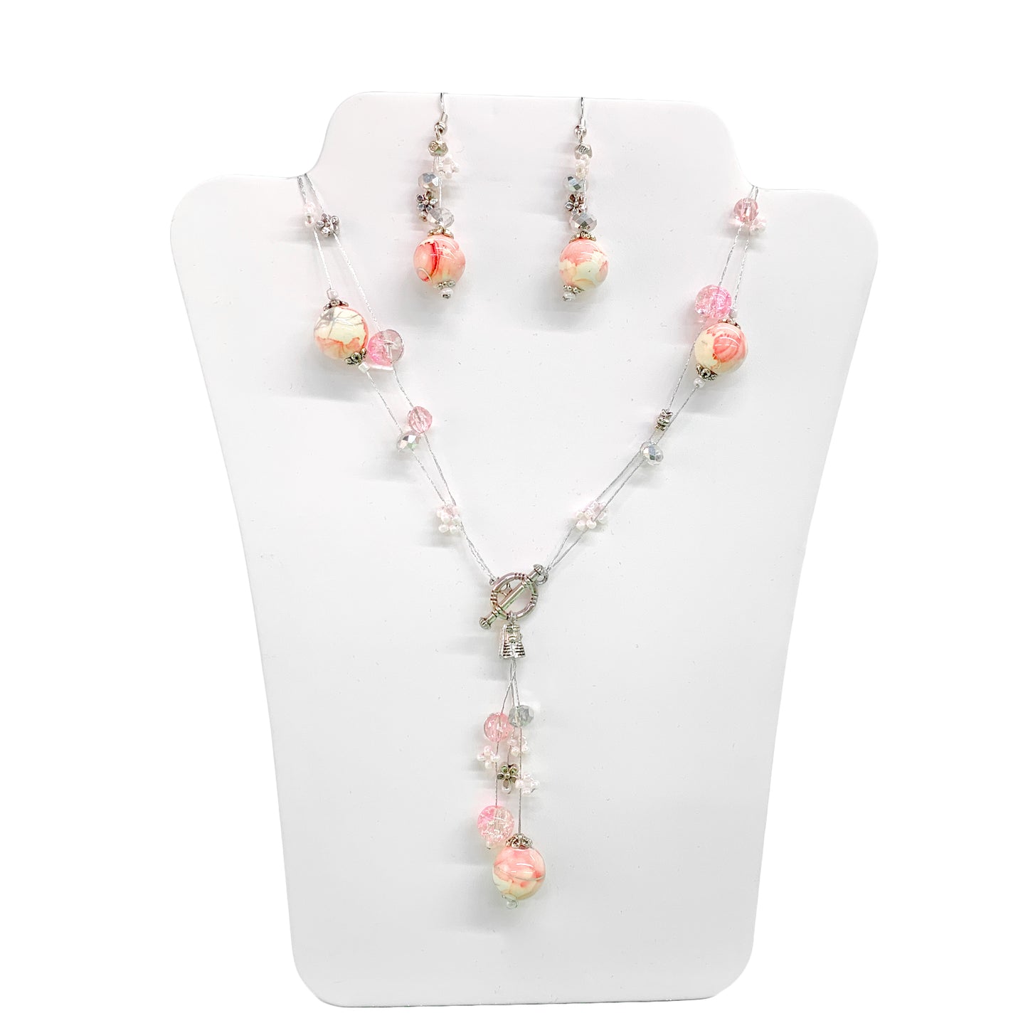 Threaded Light Pink and White Bead N/E Set