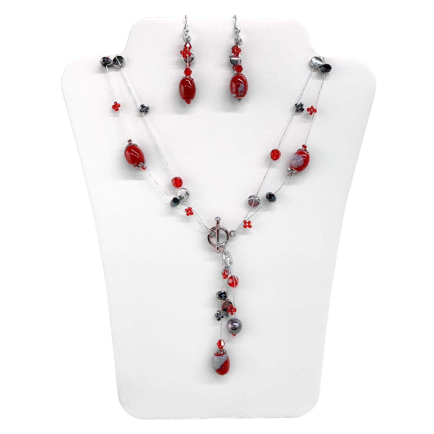 Threaded Grey and Red Oval Bead N/E Set