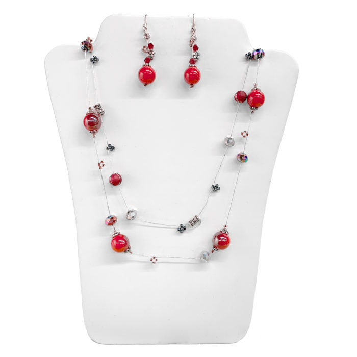 Threaded Grey and Red Round Bead N/E Set