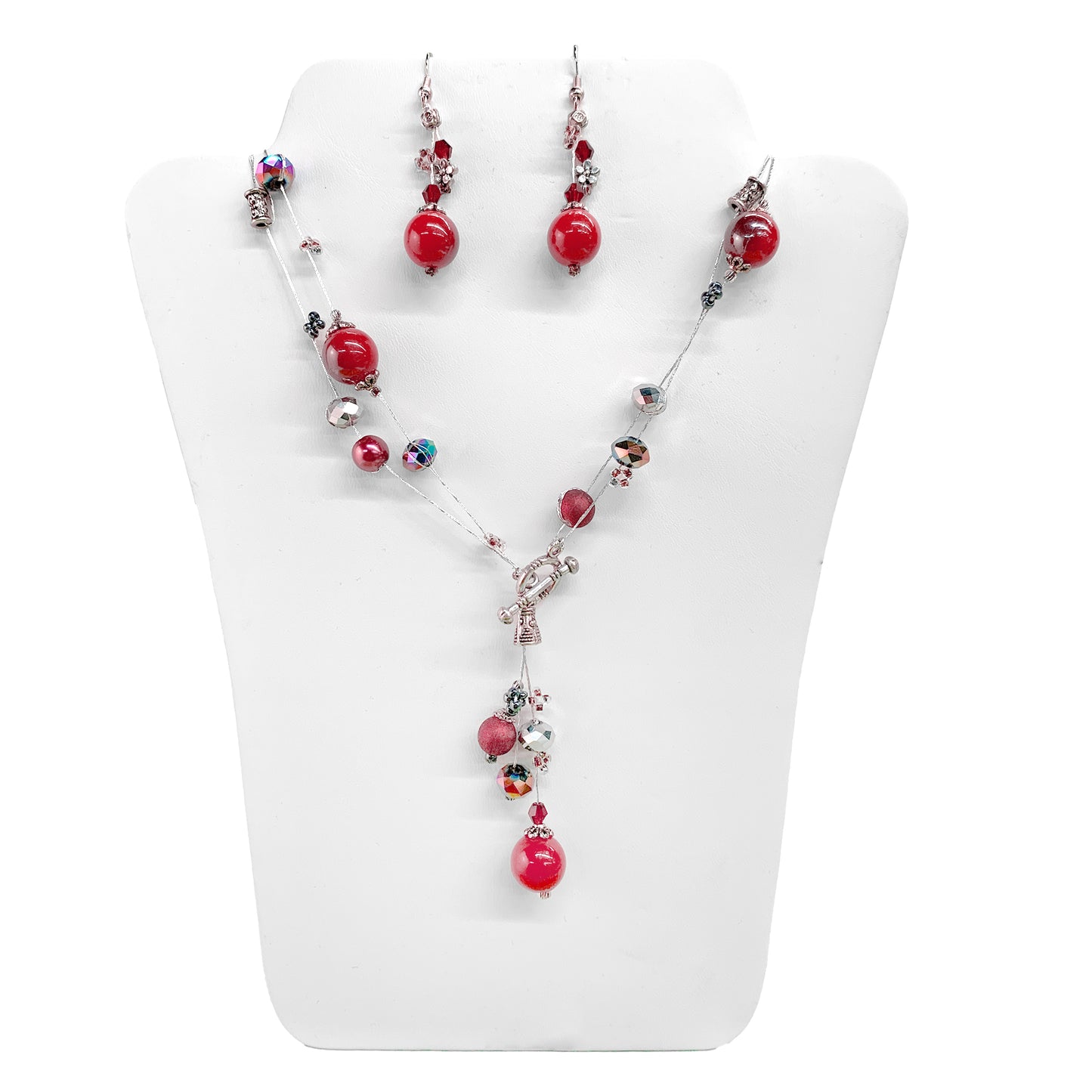 Threaded Grey and Red Round Bead N/E Set