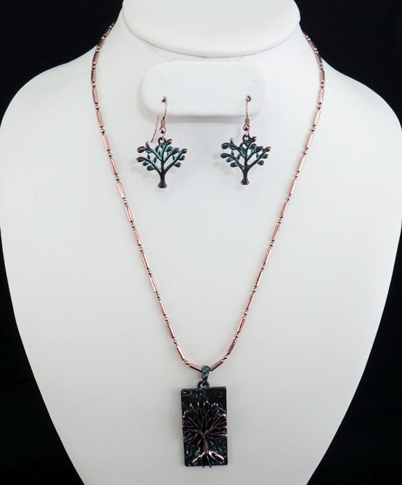 Rectangle Tree of Life - Patina Necklace/Earring Set.