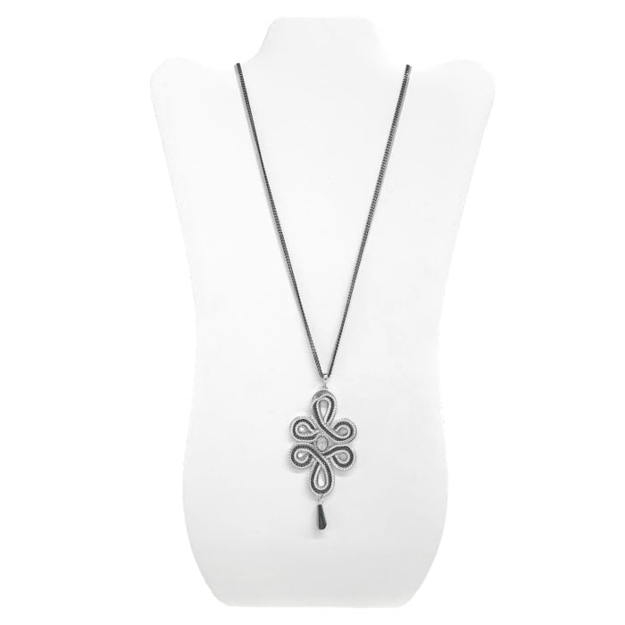 Long Multi Strands w. Ornate Shape - Silver Necklac