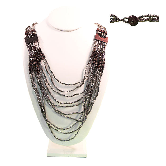 Ten Beaded Stepped Strands - Wood Rectangles Necklace