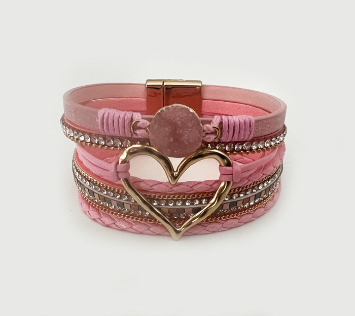 Hammered Metal Heart w/ Round Stone Bracelet