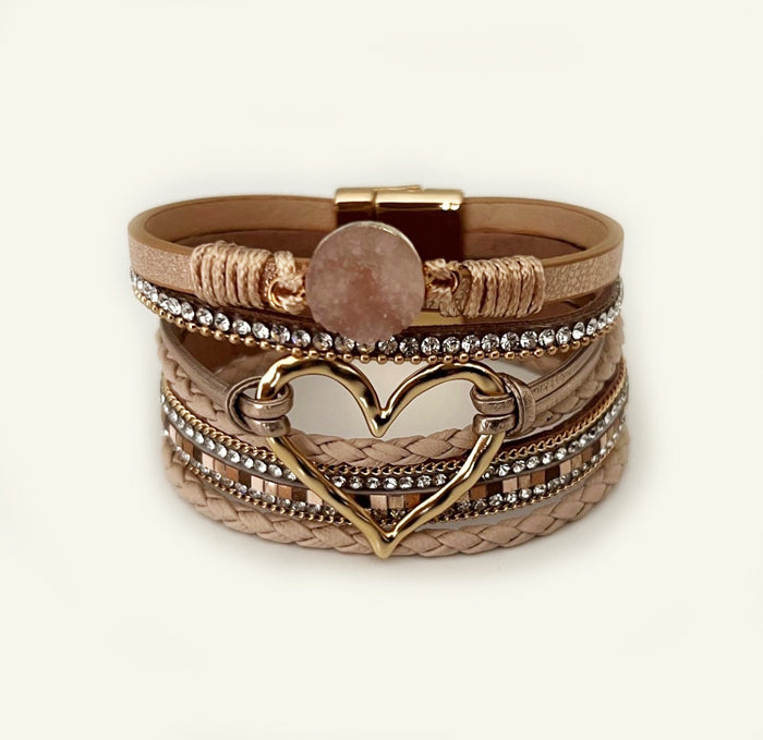 Hammered Metal Heart w/ Round Stone Bracelet