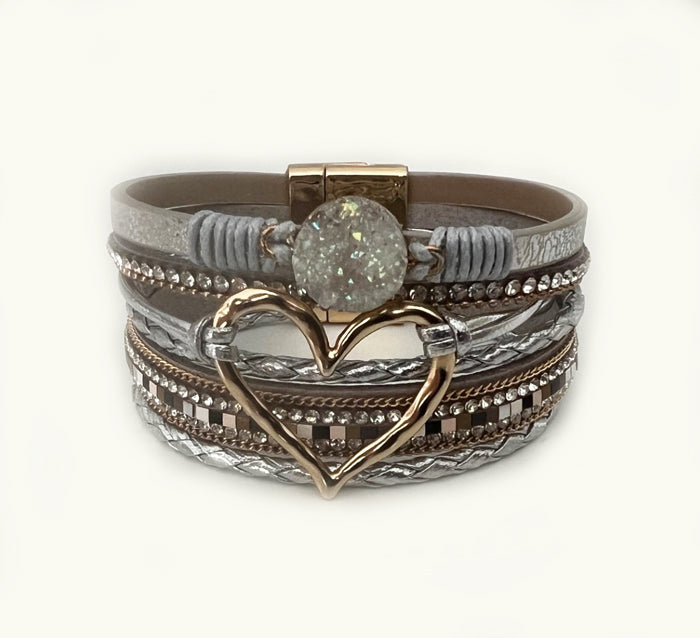 Hammered Metal Heart w/ Round Stone Bracelet