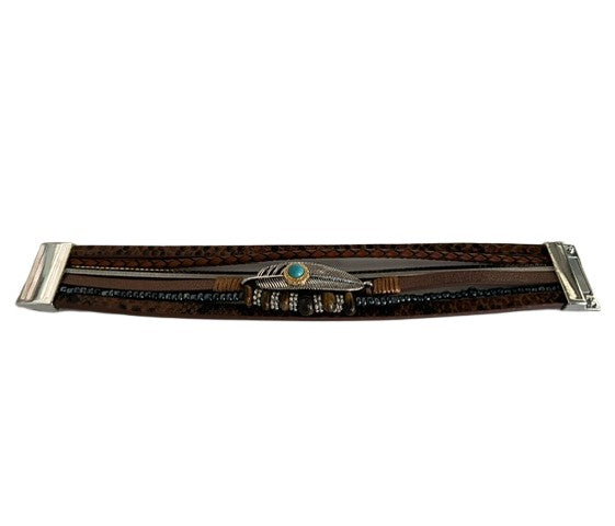 Metal Feather w/ Stones Six Strands Bracelet
