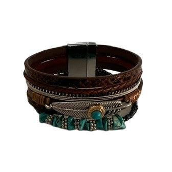 Metal Feather w/ Stones Six Strands Bracelet