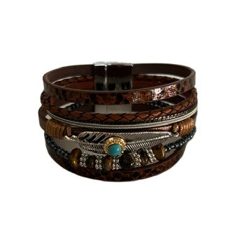 Metal Feather w/ Stones Six Strands Bracelet