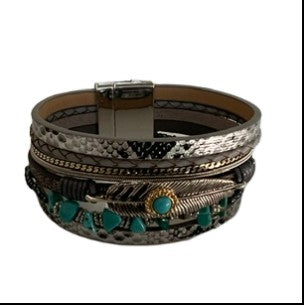 Metal Feather w/ Stones Six Strands Bracelet