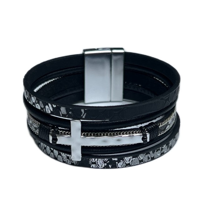 Metal Cross Five Strand Leather Mag. Clasp Bracelet