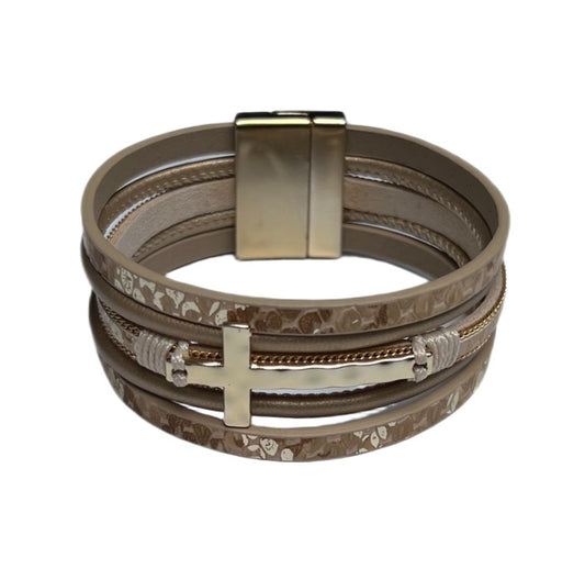 Metal Cross Five Strand Leather Mag. Clasp Bracelet