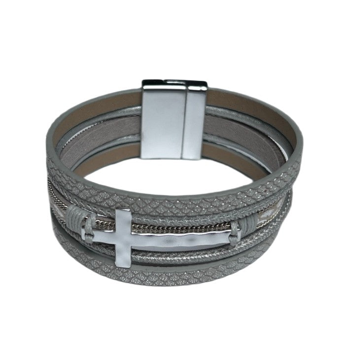 Metal Cross Five Strand Leather Mag. Clasp Bracelet