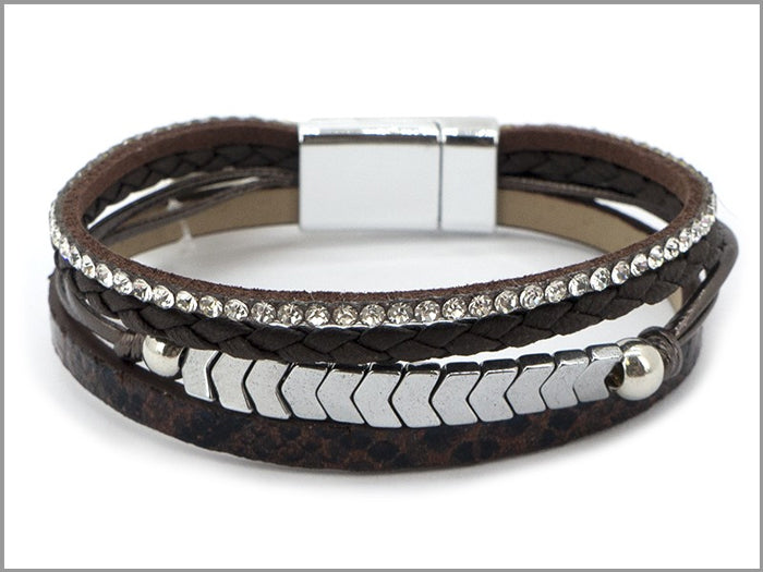 Four Leather Strand w/ Metal Chevron Bracelet