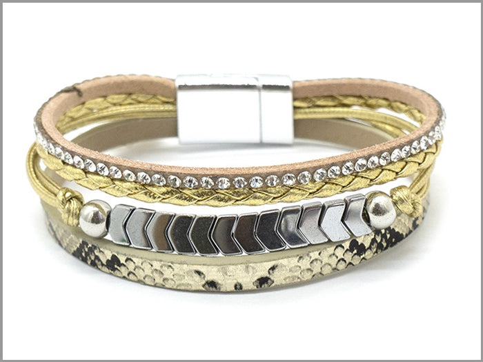 Four Leather Strand w/ Metal Chevron Bracelet