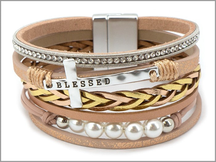 Six Strand  "Blessed" Cross w/ Pearls Bracelet