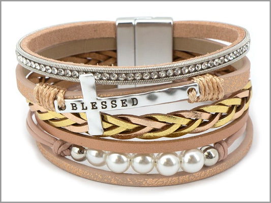 Six Strand  "Blessed" Cross w/ Pearls Bracelet