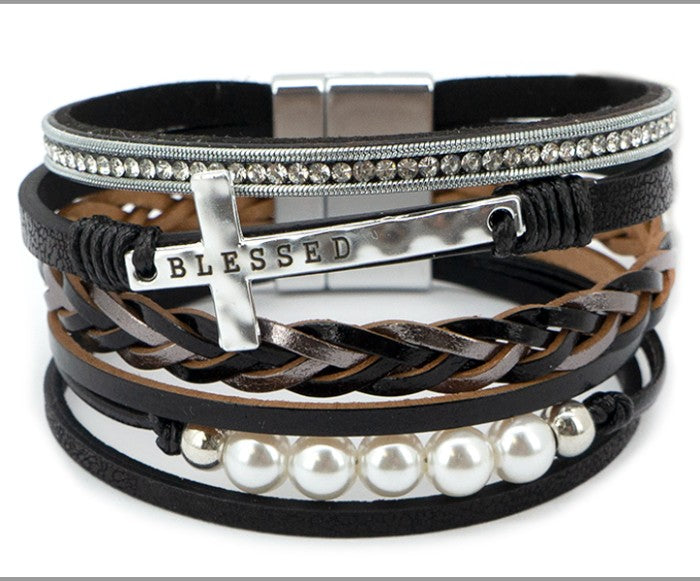 Six Strand  "Blessed" Cross w/ Pearls Bracelet