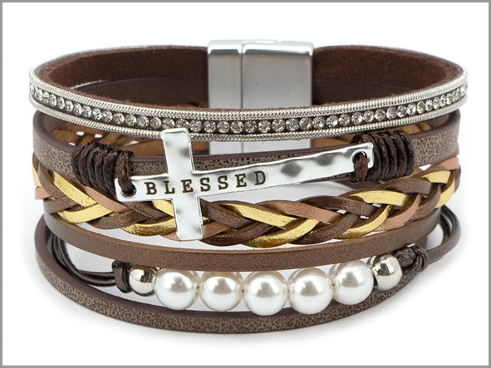 Six Strand  "Blessed" Cross w/ Pearls Bracelet