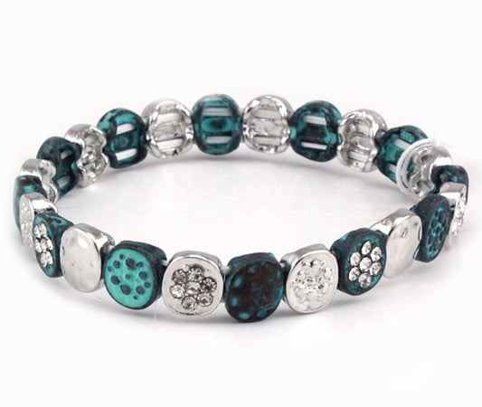 Small Textured Circles Stretch Bracelet - Silver/Patina