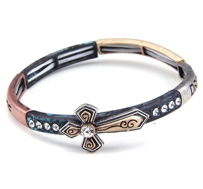 Dream/Trust/Love Cross w/ Crystals Multipatina Stretch Bracelet
