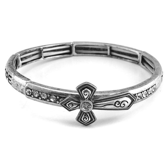 Dream/Trust/Love Cross w/ Crystals Silver Stretch Bracelet