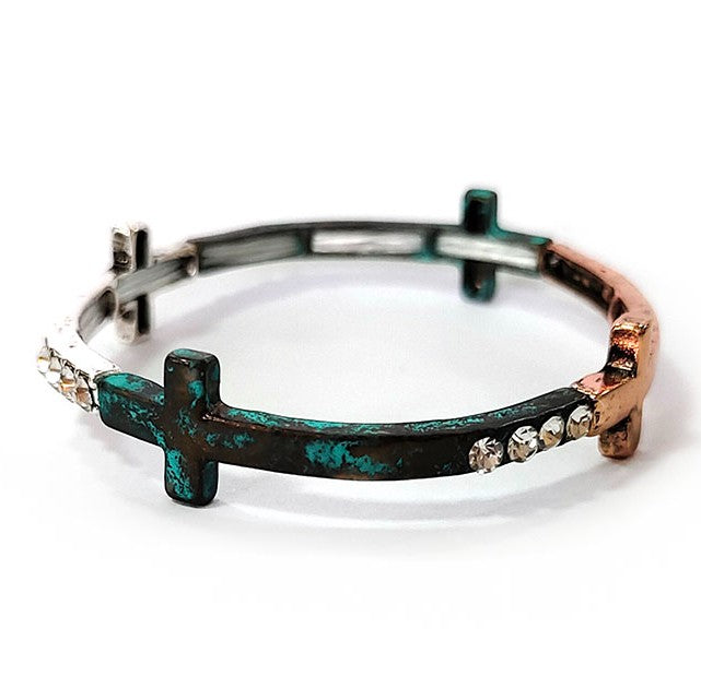 Crosses w/ Crystals - Multipatina - Metal Stretch Bracelet
