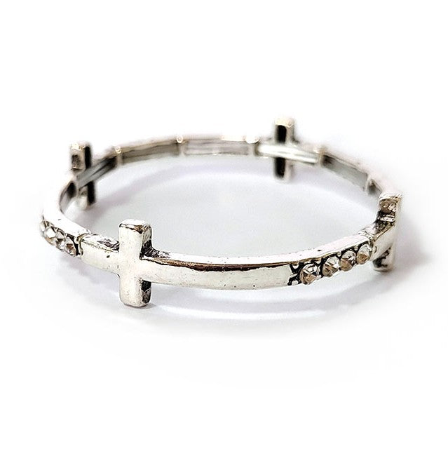Crosses w/ Crystals - Silver - Metal Stretch Bracelet