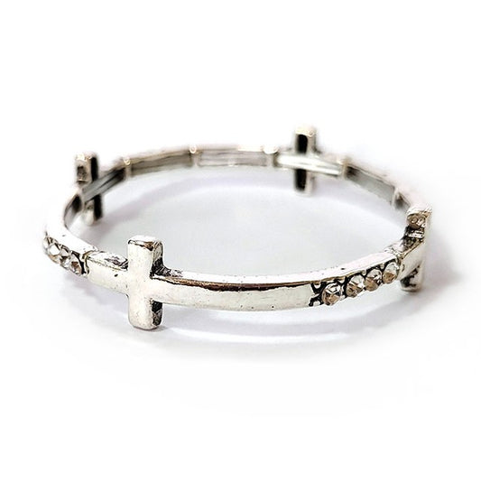 Crosses w/ Crystals - Silver - Metal Stretch Bracelet