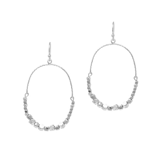 Cube Beads On Oval Silver Earrings