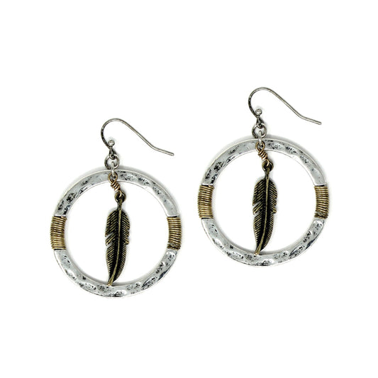 Circle w/ Feather Earrings - Silver