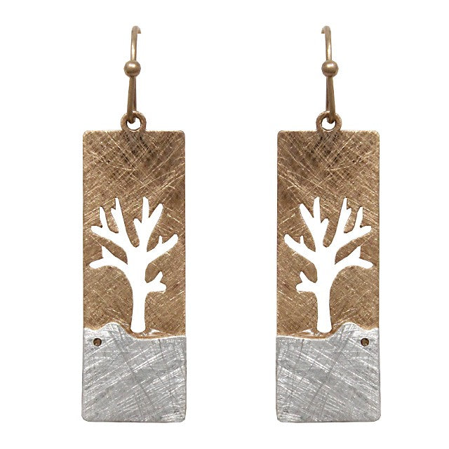 Tree Cutout - Rectangle Earrings - Gold