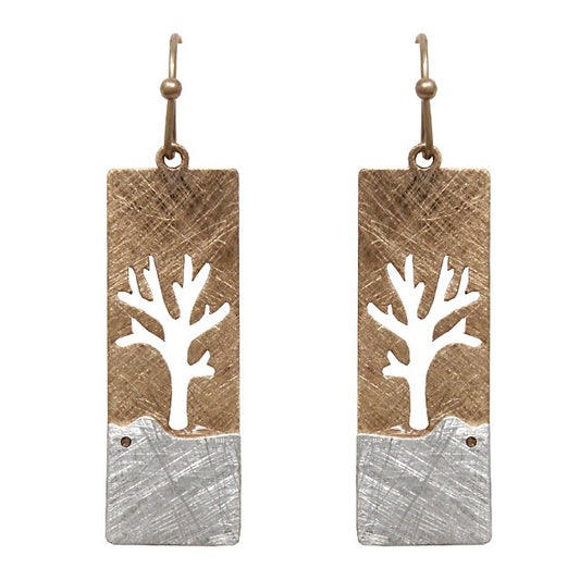 Tree Cutout - Rectangle Earrings - Gold