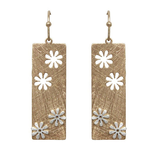 Flowers on Rectangle Earrings - Gold w/ Silver