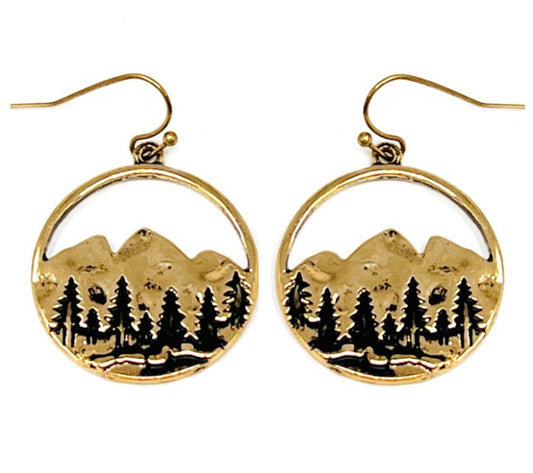 Circle Mountain Scene Earrings - Gold