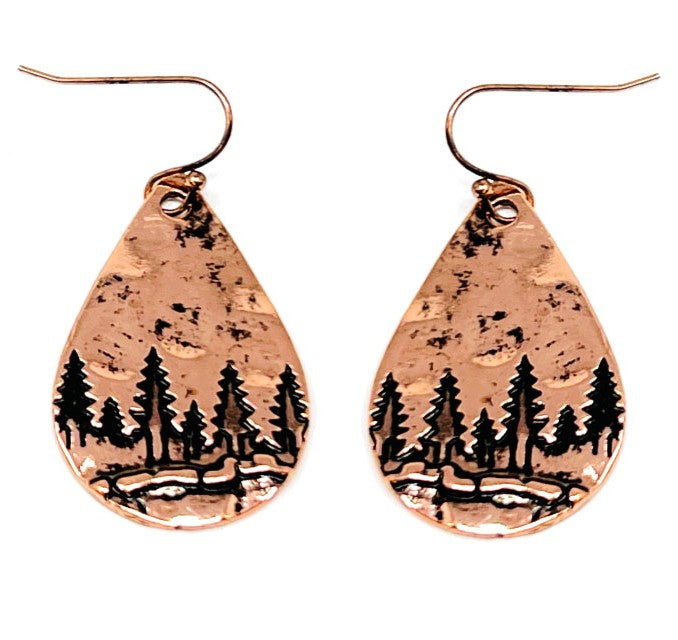 Teardrop Mountain Scene Earrings - Copper
