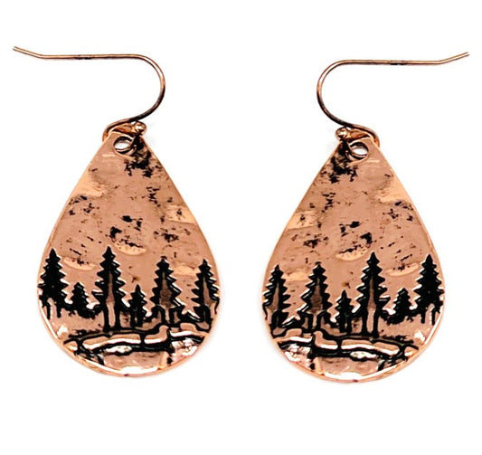 Teardrop Mountain Scene Earrings - Copper