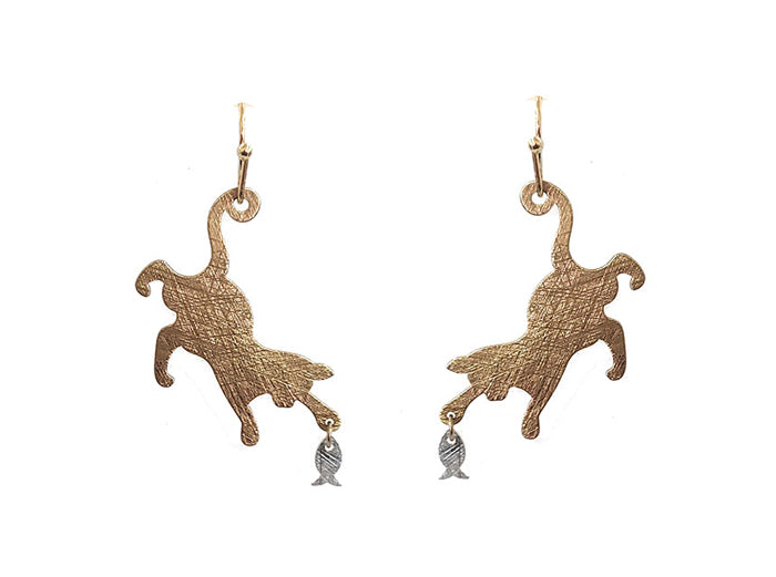 Gold w/ Silver Hanging Cat w/ Mouse Earrings