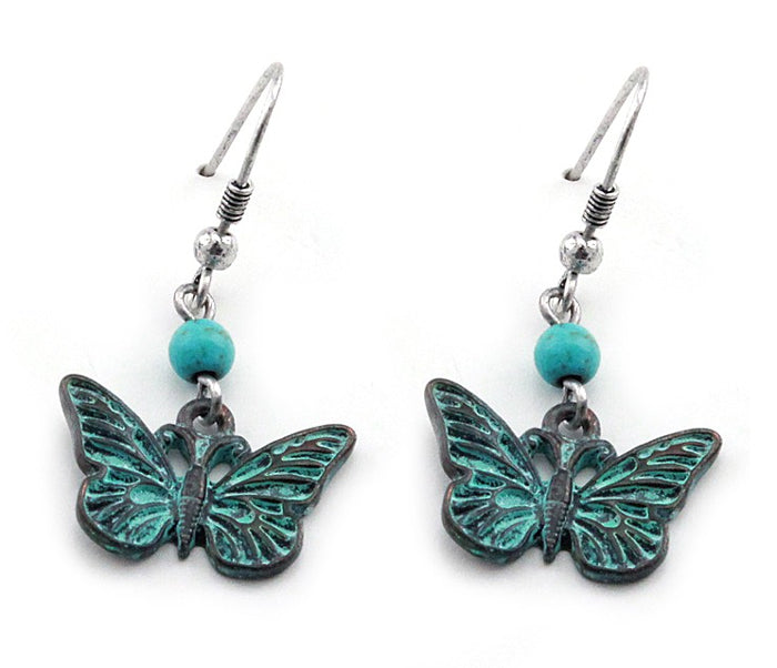 Butterfly w/ Turquoise Bead Earrings - Patina