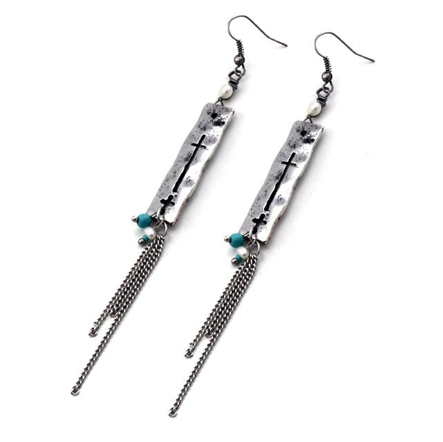 Long Rectangle Cross w/ Dangle Chain Silver Earrings