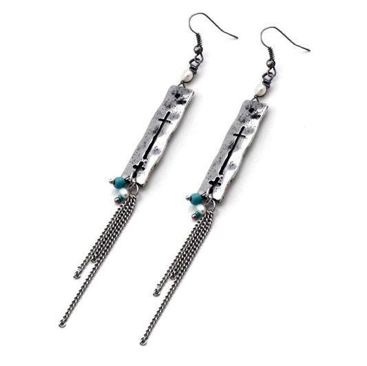 Long Rectangle Cross w/ Dangle Chain Silver Earrings